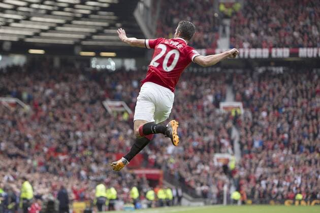 Robin van Persie of Manchester United celebrates his sides second goal - Manchester United vs. West Ham United - Barclay s Premier League - Old Trafford - Manchester - 27 09 2014 Pic Philip Oldham Sportimage EDITORIAL USE ONLY. No use with unauthorised audio, video, data, fixture lists, club league logos or live services. Online in-match use limited to 120 images, no video emulation. No use in betting, games or single club league player publications.