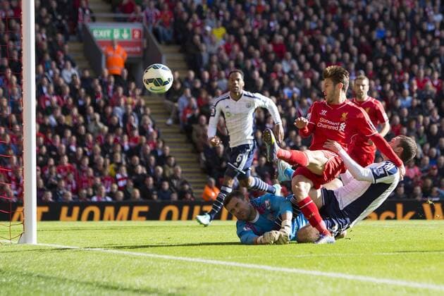 West Brom s Ben Foster and Craig Gardner combine to keep out Adam Lallana of Liverpool - Liverpool vs. West Bromwich Albion - Barclay s Premier League - Anfield - Liverpool - 04 10 2014 Pic Philip Oldham Sportimage EDITORIAL USE ONLY. No use with unauthorised audio, video, data, fixture lists, club league logos or live services. Online in-match use limited to 120 images, no video emulation. No use in betting, games or single club league player publications.