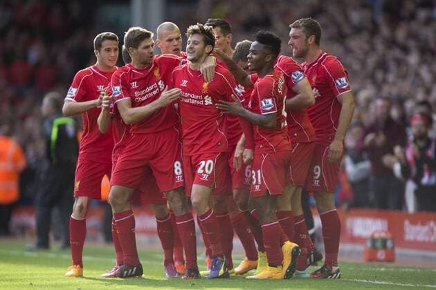 Adam Lallana of Liverpool celebrates his opening goal - Liverpool FC vs. West Bromwich Albion - Barclay s Premier League - Anfield - Liverpool - 04 10 2014 Pic PhilipxOldham Sportimage EDITORIAL USE ONLY. No use with unauthorised audio, video, data, fixture lists, club league logos or live services. Online in-match use limited to 120 images, no video emulation. No use in betting, games or single club league player publications.