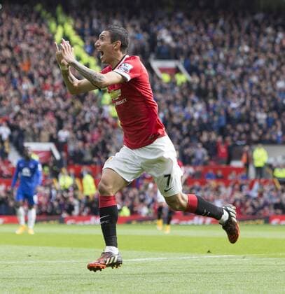 Angel di Maria of Manchester United celebrates his opening goal - Manchester United vs. Everton - Barclay s Premier League - Old Trafford - Manchester - 04 10 2014 Pic Philip Oldham Sportimage EDITORIAL USE ONLY. No use with unauthorised audio, video, data, fixture lists, club league logos or live services. Online in-match use limited to 120 images, no video emulation. No use in betting, games or single club league player publications.