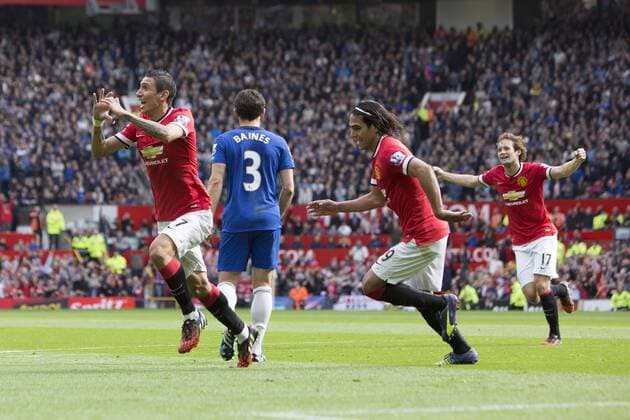 Angel di Maria of Manchester United celebrates his opening goal - Manchester United vs. Everton - Barclay s Premier League - Old Trafford - Manchester - 04 10 2014 Pic Philip Oldham Sportimage EDITORIAL USE ONLY. No use with unauthorised audio, video, data, fixture lists, club league logos or live services. Online in-match use limited to 120 images, no video emulation. No use in betting, games or single club league player publications.