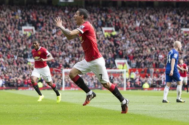 Angel di Maria of Manchester United celebrates his opening goal - Manchester United vs. Everton - Barclay s Premier League - Old Trafford - Manchester - 04 10 2014 Pic Philip Oldham Sportimage EDITORIAL USE ONLY. No use with unauthorised audio, video, data, fixture lists, club league logos or live services. Online in-match use limited to 120 images, no video emulation. No use in betting, games or single club league player publications.