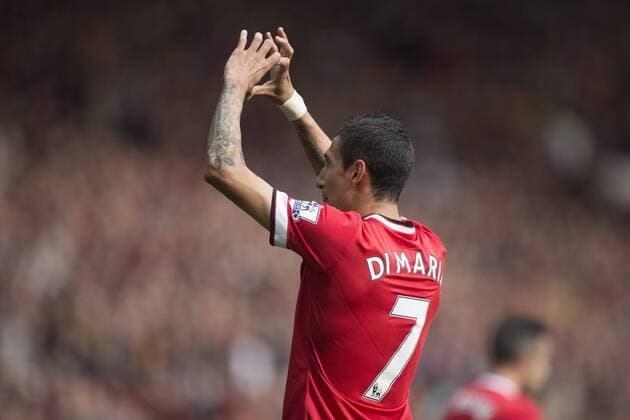 Angel di Maria of Manchester United celebrates his opening goal - Manchester United vs. Everton - Barclay s Premier League - Old Trafford - Manchester - 04 10 2014 Pic Philip Oldham Sportimage EDITORIAL USE ONLY. No use with unauthorised audio, video, data, fixture lists, club league logos or live services. Online in-match use limited to 120 images, no video emulation. No use in betting, games or single club league player publications.