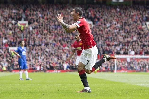 Angel di Maria of Manchester United celebrates his opening goal - Manchester United vs. Everton - Barclay s Premier League - Old Trafford - Manchester - 04 10 2014 Pic Philip Oldham Sportimage EDITORIAL USE ONLY. No use with unauthorised audio, video, data, fixture lists, club league logos or live services. Online in-match use limited to 120 images, no video emulation. No use in betting, games or single club league player publications.
