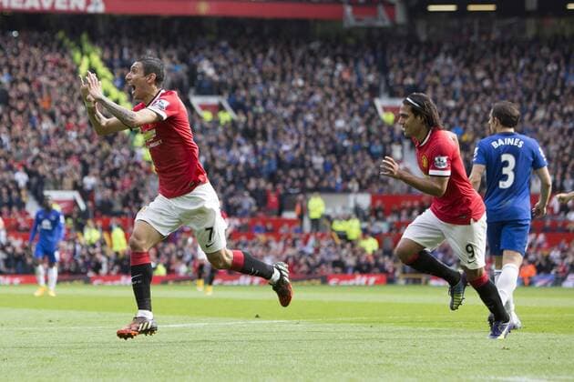Angel di Maria of Manchester United celebrates his opening goal - Manchester United vs. Everton - Barclay s Premier League - Old Trafford - Manchester - 04 10 2014 Pic Philip Oldham Sportimage EDITORIAL USE ONLY. No use with unauthorised audio, video, data, fixture lists, club league logos or live services. Online in-match use limited to 120 images, no video emulation. No use in betting, games or single club league player publications.