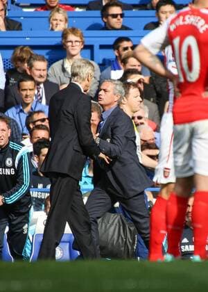 Football - 2014 2015 Premier League - Chelsea vs. Arsenal Jose Mourinho, Manager, of Chelsea FC and Arsene Wenger,Manager, of Arsenal FC getting physical at Stamford Bridge Colorsport Daniel Bearham CHE_ARS