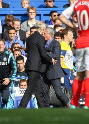 Football - 2014 2015 Premier League - Chelsea vs. Arsenal Jose Mourinho, Manager, of Chelsea FC and Arsene Wenger,Manager, of Arsenal FC get physical at Stamford Bridge Colorsport Daniel Bearham CHE_ARS