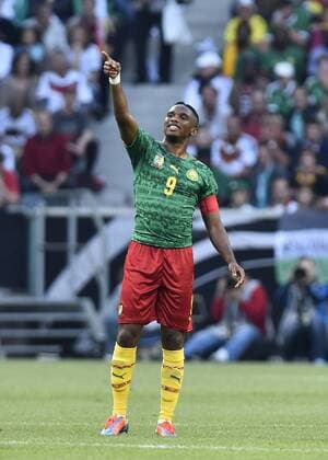 Sonntag 01.06.2014, Fussball Länderspiel, DFB, Nationalmannschaft, N11, Saison 2013 2014, Freundschaftsspiel in Mönchengladbach, Deutschland (GER) - Kamerun (CMR) 2:2, Torjubel, Jubel, Samuel Eto o,m Etoo, Tor zum 0:1, Gestik DeFodi01045004686