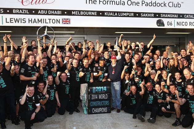 Motorsports: FIA Formula One World Championship 2014, Grand Prix of Russia, Paddy Lowe (GBR, Mercedes AMG Petronas F1 Team), 6 Nico Rosberg (GER, Mercedes AMG Petronas F1 Team), 44 Lewis Hamilton (GBR, Mercedes AMG Petronas F1 Team), Toto Wolff (AUT, Mercedes AMG Petronas F1 Team), Niki Lauda (AUT, Mercedes AMG Petronas F1 Team), Mercedes GP becomes 2014 World Constructors Champions xHOCHxZWEIx
