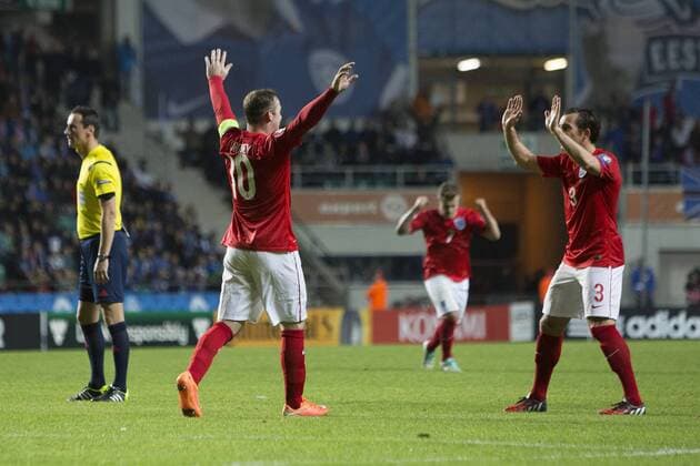 Wayne Rooney of England celebrates the opening goal - Estonia vs. England - UEFA Euro 2016 Qualifier - A. Le Coq Arena - Tallinn - 12 10 2014 Pic Philip Oldham Sportimage EDITORIAL USE ONLY. No use with unauthorised audio, video, data, fixture lists, club league logos or live services. Online in-match use limited to 120 images, no video emulation. No use in betting, games or single club league player publications.