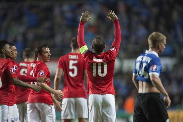 Wayne Rooney of England celebrates the opening goal - Estonia vs. England - UEFA Euro 2016 Qualifier - A. Le Coq Arena - Tallinn - 12 10 2014 Pic Philip Oldham Sportimage EDITORIAL USE ONLY. No use with unauthorised audio, video, data, fixture lists, club league logos or live services. Online in-match use limited to 120 images, no video emulation. No use in betting, games or single club league player publications.