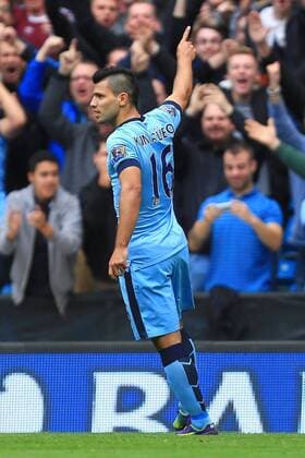 Sergio Kun Aguero of Manchester City celebrates his opening goal - Manchester City vs. Tottenham Hotspurs - Barclay s Premier League - Etihad Stadium - Manchester - 18 10 2014 EDITORIAL USE ONLY. No use with unauthorised audio, video, data, fixture lists, club league logos or live services. Online in-match use limited to 120 images, no video emulation. No use in betting, games or single club league player publications.
