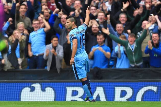 Sergio Kun Aguero of Manchester City celebrates his opening goal - Manchester City vs. Tottenham Hotspurs - Barclay s Premier League - Etihad Stadium - Manchester - 18 10 2014 EDITORIAL USE ONLY. No use with unauthorised audio, video, data, fixture lists, club league logos or live services. Online in-match use limited to 120 images, no video emulation. No use in betting, games or single club league player publications.