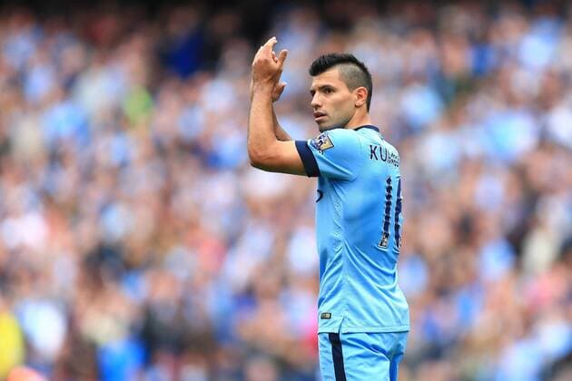 Sergio Kun Aguero of Manchester City celebrates his second goal - Manchester City vs. Tottenham Hotspurs - Barclay s Premier League - Etihad Stadium - Manchester - 18 10 2014 EDITORIAL USE ONLY. No use with unauthorised audio, video, data, fixture lists, club league logos or live services. Online in-match use limited to 120 images, no video emulation. No use in betting, games or single club league player publications.