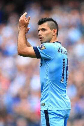 Sergio Kun Aguero of Manchester City celebrates his second goal - Manchester City vs. Tottenham Hotspurs - Barclay s Premier League - Etihad Stadium - Manchester - 18 10 2014 EDITORIAL USE ONLY. No use with unauthorised audio, video, data, fixture lists, club league logos or live services. Online in-match use limited to 120 images, no video emulation. No use in betting, games or single club league player publications.