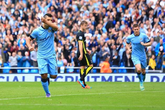 Sergio Kun Aguero of Manchester City celebrates his second goal - Manchester City vs. Tottenham Hotspurs - Barclay s Premier League - Etihad Stadium - Manchester - 18 10 2014 EDITORIAL USE ONLY. No use with unauthorised audio, video, data, fixture lists, club league logos or live services. Online in-match use limited to 120 images, no video emulation. No use in betting, games or single club league player publications.