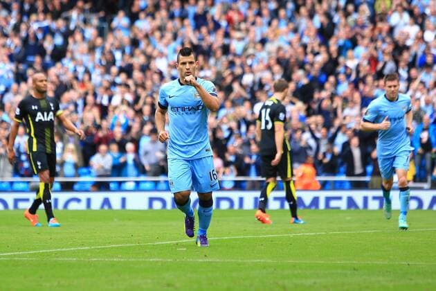 Sergio Kun Aguero of Manchester City celebrates his second goal - Manchester City vs. Tottenham Hotspurs - Barclay s Premier League - Etihad Stadium - Manchester - 18 10 2014 EDITORIAL USE ONLY. No use with unauthorised audio, video, data, fixture lists, club league logos or live services. Online in-match use limited to 120 images, no video emulation. No use in betting, games or single club league player publications.