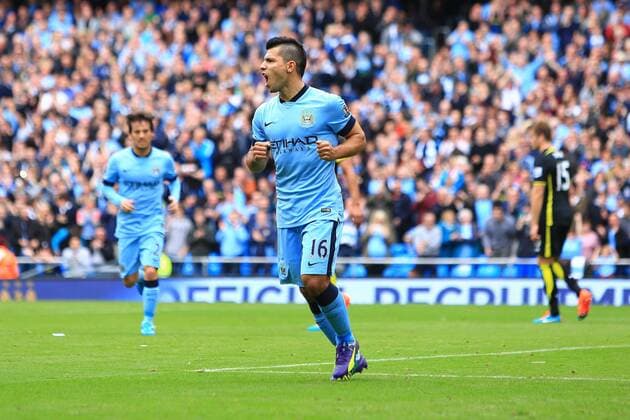 Sergio Kun Aguero of Manchester City celebrates his second goal - Manchester City vs. Tottenham Hotspurs - Barclay s Premier League - Etihad Stadium - Manchester - 18 10 2014 EDITORIAL USE ONLY. No use with unauthorised audio, video, data, fixture lists, club league logos or live services. Online in-match use limited to 120 images, no video emulation. No use in betting, games or single club league player publications.