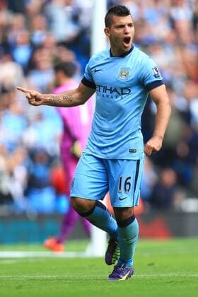 Sergio Kun Aguero of Manchester City celebrates his third goal - Manchester City vs. Tottenham Hotspurs - Barclay s Premier League - Etihad Stadium - Manchester - 18 10 2014 EDITORIAL USE ONLY. No use with unauthorised audio, video, data, fixture lists, club league logos or live services. Online in-match use limited to 120 images, no video emulation. No use in betting, games or single club league player publications.