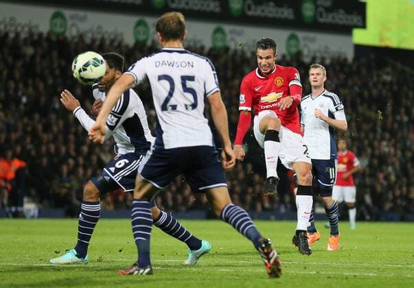 Robin van Persie of Manchester United hits the post with a volley - Barclays Premier League - WBA vs Manchester Utd - Hawthorns Stadium - West Bromwich - England - 20th October 2014 - Picture Simon Bellis Sportimage EDITORIAL USE ONLY. No use with unauthorised audio, video, data, fixture lists, club league logos or live services. Online in-match use limited to 120 images, no video emulation. No use in betting, games or single club league player publications.