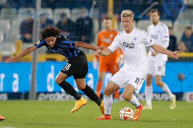 - BRUGGE, BELGIUM: Club s Felipe Gedoz De Conceicao and Kobenhavn s Andreas Cornelius fight for the ball during a game between Belgian soccer team Club Brugge and Danish team FC Kobenhavn, Thursday 23 October 2014, in Brugge stadium. It is the third day of the group stage of the UEFA Europa League competition, in group B. BRUNOxFAHY premiumd 20145902