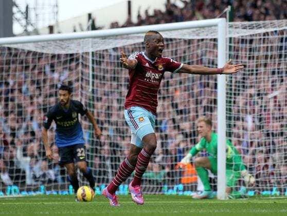 West Ham s Diafra Saakho celebrates scoring his sides second goal Barclays Premier League - West Ham United vs Manchester City - Upton Park - England - 25th October 2014 - Picture David Klein Sportimage EDITORIAL USE ONLY. No use with unauthorised audio, video, data, fixture lists, club league logos or live services. Online in-match use limited to 120 images, no video emulation. No use in betting, games or single club league player publications.