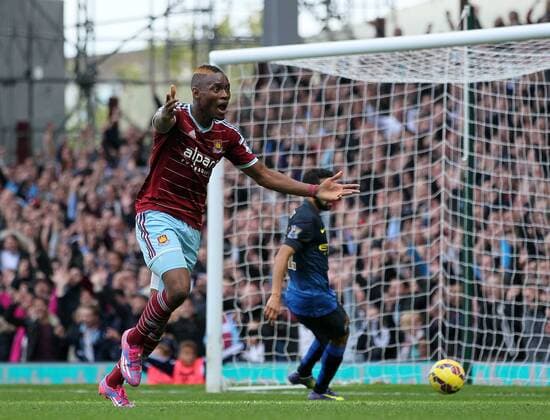 West Ham s Diafra Sakho celebrates scoring his sides second goal Barclays Premier League - West Ham United vs Manchester City - Upton Park - England - 25th October 2014 - Picture David Klein Sportimage EDITORIAL USE ONLY. No use with unauthorised audio, video, data, fixture lists, club league logos or live services. Online in-match use limited to 120 images, no video emulation. No use in betting, games or single club league player publications.