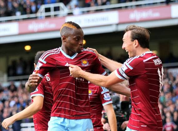 West Ham s Diafra Sakho celebrates scoring his sides second goal Barclays Premier League - West Ham United vs Manchester City - Upton Park - England - 25th October 2014 - Picture David Klein Sportimage EDITORIAL USE ONLY. No use with unauthorised audio, video, data, fixture lists, club league logos or live services. Online in-match use limited to 120 images, no video emulation. No use in betting, games or single club league player publications.