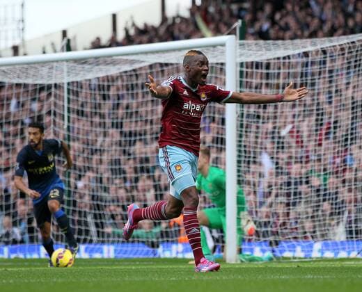 West Ham s Diafra Sakho celebrates scoring his sides second goal Barclays Premier League - West Ham United vs Manchester City - Upton Park - England - 25th October 2014 - Picture David Klein Sportimage EDITORIAL USE ONLY. No use with unauthorised audio, video, data, fixture lists, club league logos or live services. Online in-match use limited to 120 images, no video emulation. No use in betting, games or single club league player publications.