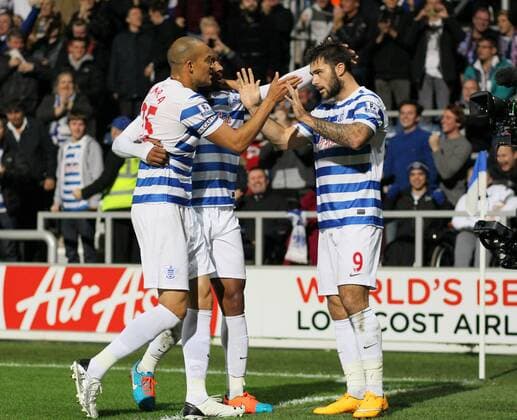 QPR s Charlie Austin celebrates scoring his sides opening goal Barclays Premier League - Queens Park Rangers Vs Aston Villa - Loftus Road - England - 27th October 2014 - Picture David Klein Sportimage EDITORIAL USE ONLY. No use with unauthorised audio, video, data, fixture lists, club league logos or live services. Online in-match use limited to 120 images, no video emulation. No use in betting, games or single club league player publications.
