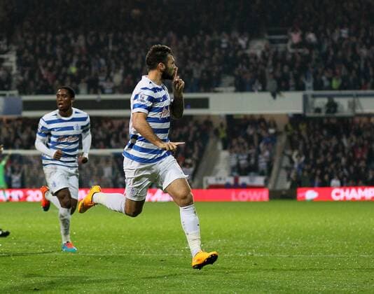 QPR s Charlie Austin celebrates scoring his sides opening goal Barclays Premier League - Queens Park Rangers Vs Aston Villa - Loftus Road - England - 27th October 2014 - Picture David Klein Sportimage EDITORIAL USE ONLY. No use with unauthorised audio, video, data, fixture lists, club league logos or live services. Online in-match use limited to 120 images, no video emulation. No use in betting, games or single club league player publications.