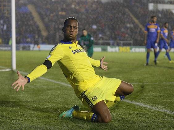Didier Drogba of Chelsea celebrates scoring the first goal - Capital One Cup - Shrewsbury Town vs Chelsea - Greenhous Meadow Stadium - Shrewsbury - England - 28th October 2014 - Picture SimonBellis Sportimage EDITORIAL USE ONLY. No use with unauthorised audio, video, data, fixture lists, club league logos or live services. Online in-match use limited to 120 images, no video emulation. No use in betting, games or single club league player publications.