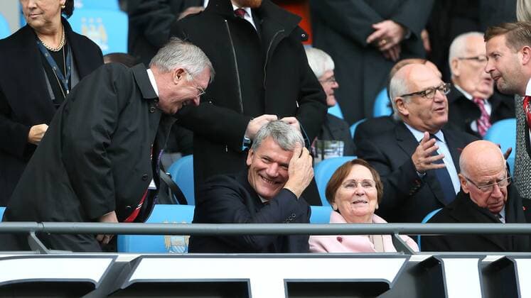 Former manager Sir Alex Ferguson jokes with former Chief Executive David Gill Manchester City - Manchester (ManU) EDITORIAL USE ONLY. No use with unauthorised audio, video, data, fixture lists, club league logos or live services. Online in-match use limited to 120 images, no video emulation. No use in betting, games or single club league player publications.