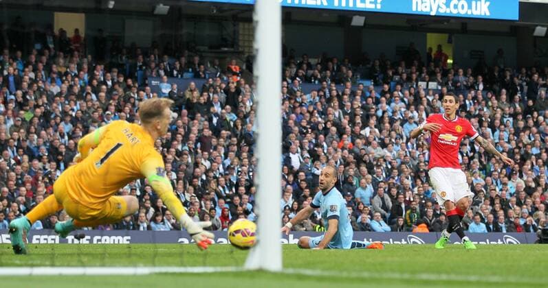Joe Hart of Manchester City saves a shot from Angel Di Maria of Manchester United - Barclays Premier League - Manchester City vs Manchester Utd - Etihad Stadium - Manchester - England - 2nd November 2014 - Picture David Klein Sportimage EDITORIAL USE ONLY. No use with unauthorised audio, video, data, fixture lists, club league logos or live services. Online in-match use limited to 120 images, no video emulation. No use in betting, games or single club league player publications.