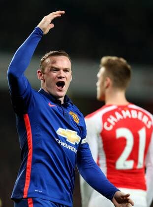 Wayne Roony of Manchester United celebrates after scoring during the Barclays Premier League match between Arsenal and Manchester United at Emirates Stadium in London, on Nov. 22, 2014. Manchester United won 2-1. ) FOR EDITORIAL USE ONLY. NOT FOR SALE FOR MARKETING OR ADVERTISING CAMPAIGNS. NO USE WITH UNAUTHORIZED AUDIO, VIDEO, DATA, FIXTURE LISTS, CLUB LEAGUE LOGOS OR LIVE SERVICES. ONLINE IN-MATCH USE LIMITED TO 45 IMAGES, NO VIDEO EMULATION. NO USE IN BETTING, GAMES OR SINGLE CLUB LEAGUE PLAYER PUBLICATIONS. (SP)BRITAIN-LONDON-SOCCER-BARCLAYS PREMIER LEAGUE-ARSENAL VS MANCHESTER UNITED HanxYan