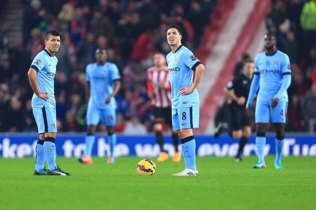 Manchester City are left dejected following Connor Wickham of Sunderland s opening goal - Sunderland vs. Manchester City - Barclay s Premier League - Stadium of Light - Sunderland - 03 12 2014 Pic Philip Oldham Sportimage EDITORIAL USE ONLY. No use with unauthorised audio, video, data, fixture lists, club league logos or live services. Online in-match use limited to 120 images, no video emulation. No use in betting, games or single club league player publications.