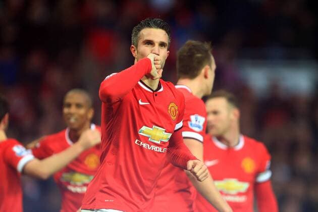 Robin van Persie of Manchester United ManU celebrates scoring his sides third goal - Manchester United vs. Liverpool - Barclay s Premier League - Old Trafford - Manchester - 14 12 2014 Pic Philip Oldham Sportimage EDITORIAL USE ONLY. No use with unauthorised audio, video, data, fixture lists, club league logos or live services. Online in-match use limited to 120 images, no video emulation. No use in betting, games or single club league player publications.