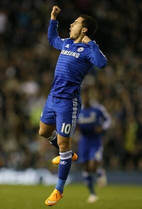 Eden Hazard of Chelsea jumps up to celebrate scoring the first goal - Capital One Cup Quarter Final - Derby vs Chelsea - iPro Stadium - Derby - England - 16th December 2014 - Picture Simon Bellis Sportimage EDITORIAL USE ONLY. No use with unauthorised audio, video, data, fixture lists, club league logos or live services. Online in-match use limited to 120 images, no video emulation. No use in betting, games or single club league player publications.