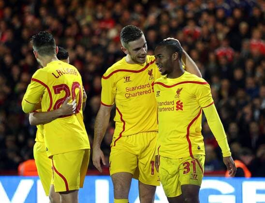 Liverpool s Raheem Sterling celebrates scoring his sides third goal Capital One Cup- Bournemouth vs Liverpool - Goldsands Stadium - England - 17th December 2014 - Picture David Klein Sportimage EDITORIAL USE ONLY. No use with unauthorised audio, video, data, fixture lists, club league logos or live services. Online in-match use limited to 120 images, no video emulation. No use in betting, games or single club league player publications.