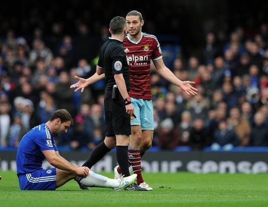 Andy Carroll of West Ham United appeals to Referee Michael Oliver after his challenge on Branislav Ivanovic of Chelsea - Barclays Premier League - Chelsea vs West Ham United - Stamford Bridge Stadium - London - England - 26th December 2014 - Pic Robin Parker Sportimage EDITORIAL USE ONLY. No use with unauthorised audio, video, data, fixture lists, club league logos or live services. Online in-match use limited to 120 images, no video emulation. No use in betting, games or single club league player publications. DSC_7791