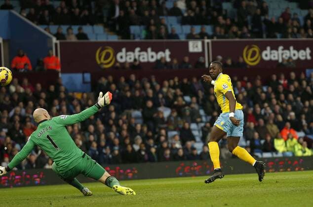 Yannick Bolasie hits the post for Palace with the goal at his mercy - Barclays Premiership Football - Aston Villa v Crystal Palace - Villa Park Birmingham - Season 14 15 - 01 01 2015 Photo: Malcolm Couzens Sportimage EDITORIAL USE ONLY. No use with unauthorised audio, video, data, fixture lists, club league logos or live services. Online in-match use limited to 120 images, no video emulation. No use in betting, games or single club league player publications.