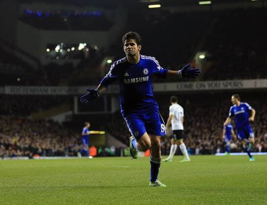 Chelsea s Diego Costa celebrates scoring his sides opening goal Barclays Premier League - Tottenham Hotspur vs Chelsea - White Hart Lane - England - 1st January 2015 - Picture David Klein Sportimage EDITORIAL USE ONLY. No use with unauthorised audio, video, data, fixture lists, club league logos or live services. Online in-match use limited to 120 images, no video emulation. No use in betting, games or single club league player publications.