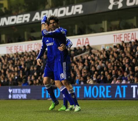 Chelsea s Diego Costa celebrates scoring his sides opening goal Barclays Premier League - Tottenham Hotspur vs Chelsea - White Hart Lane - England - 1st January 2015 - Picture David Klein Sportimage EDITORIAL USE ONLY. No use with unauthorised audio, video, data, fixture lists, club league logos or live services. Online in-match use limited to 120 images, no video emulation. No use in betting, games or single club league player publications.