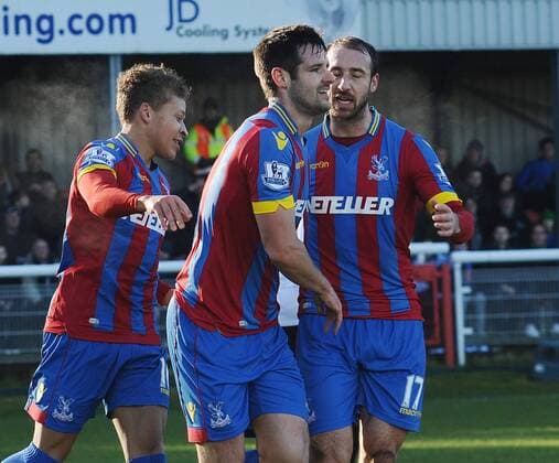 Football - 2014 2015 FA Cup - Third Round: Dover Athletic vs. Crystal Palace Palace s Scott Dann celebrates his goal with Glenn Murray at the Crabble Athletic Ground. COLORSPORT ANDREW COWIE