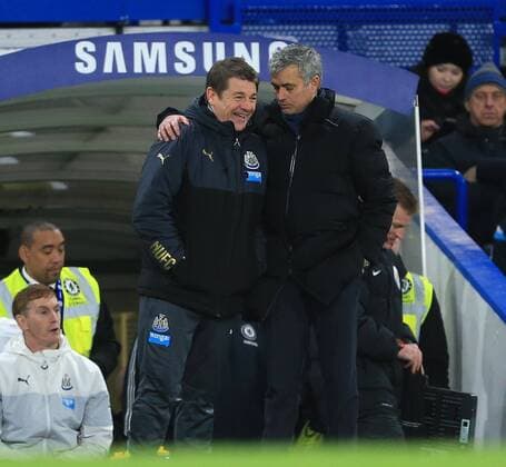 Chelsea s Jose Mourinho consoles Newcastle s John Carver Premier League - Chelsea vs Newcastle United - Stamford Bridge - England - 10th January 2015 - Picture David Klein Sportimage EDITORIAL USE ONLY. No use with unauthorised audio, video, data, fixture lists, club league logos or live services. Online in-match use limited to 120 images, no video emulation. No use in betting, games or single club league player publications.