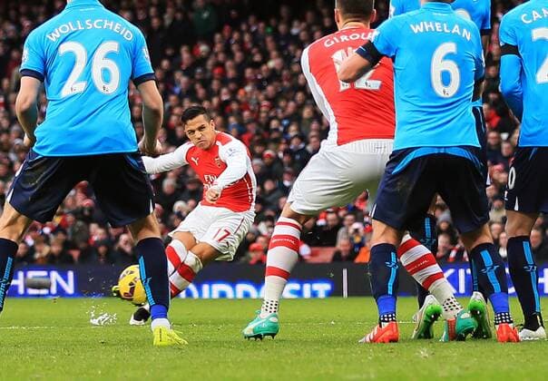 Arsenal s Alexis Sanchez scoring his sides third goal Premier League - Arsenal vs Stoke City - Emirates Stadium - England - 11th January 2015 - Picture David Klein Sportimage EDITORIAL USE ONLY. No use with unauthorised audio, video, data, fixture lists, club league logos or live services. Online in-match use limited to 120 images, no video emulation. No use in betting, games or single club league player publications.