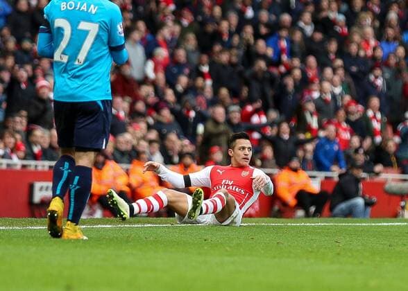 Football - 2014 2015 - Barclays Premier League, - Arsenal Vs Stoke City, Arsenal s Alexis Sanchez appeals to the referee after being upended at The Emirates Stadium ARS_STO