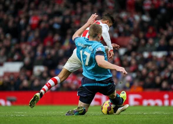 Football - 2014 2015 - Barclays Premier League, - Arsenal Vs Stoke City, Arsenal s Alexis Sanchez is denied a penalty after a tackle from Stoke City s Ryan Shawcross at The Emirates Stadium ARS_STO