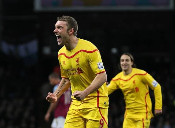 Rickie Lambert of Liverpool celebrates scoring the second goal - Barclays Premier League - Aston Villa vs Liverpool - Villa Park Stadium - Birmingham - England - 17th January 2015 - Picture Simon Bellis Sportimage EDITORIAL USE ONLY. No use with unauthorised audio, video, data, fixture lists, club league logos or live services. Online in-match use limited to 120 images, no video emulation. No use in betting, games or single club league player publications.