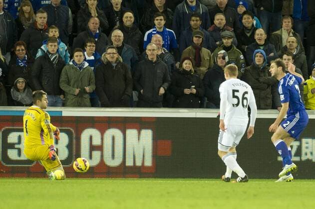 Football - 2014 2015 Premier League - Swansea City vs. Chelsea Branislav Ivanovic of Chelsea celebrates scoring their 5th at The Liberty Stadium. COLORSPORT WINSTON BYNORTH